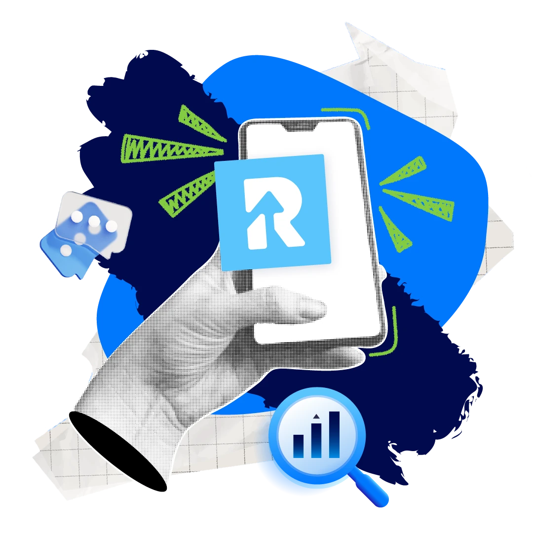 Collage: Revenue Control System auf dem Smartphone, dazu Kennzahlen und Marken-Formen