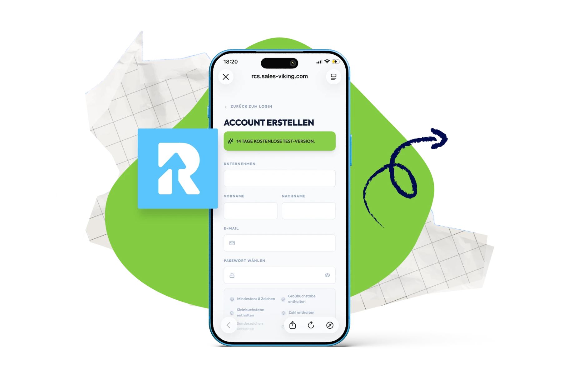 Account-Anlage im Revenue Control System auf dem Smartphone, 14 Tage kostenlose Testversion